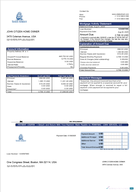 Download USA State Street Corporation bank mortgage statement in Word and PDF formats Photoshop template
